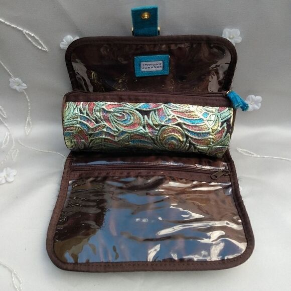 NWOT STEPHANIE JOHNSON Faux Fur Brown/Teal Roll Up Jewelry/Cosmetic Travel Case - Picture 10 of 14